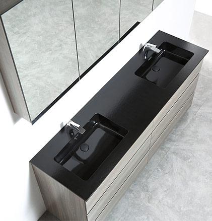 Bathroom cabinet with black matt basin and DTC hinge